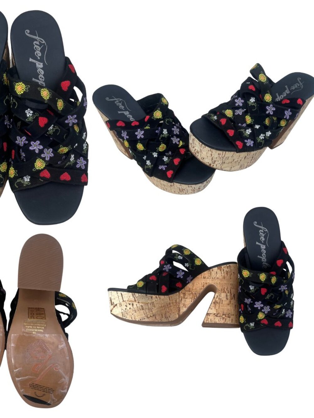 Free People Embroidered Cork Platform Sandals Black Floral Heart Heels - NEW